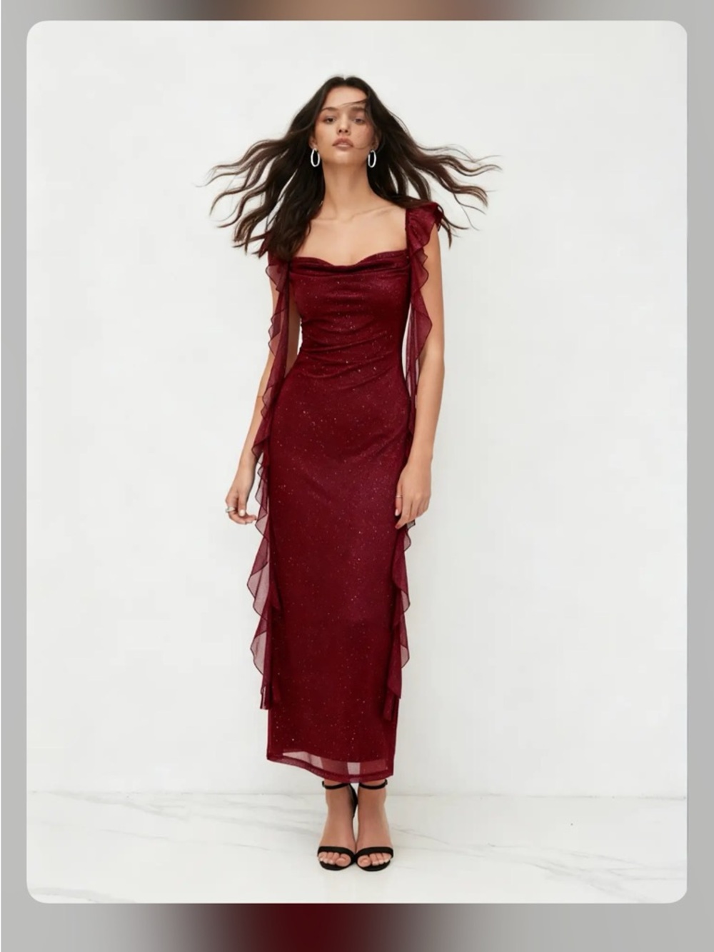 Cider COWL NECK SOLID GLITTER RUFFLE HEM MAXI DRESS CR27-16 M